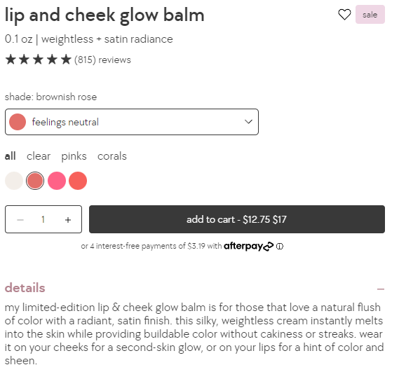 Screenshot of Kylie's Cosmetics product description for lip and cheek glow balm.