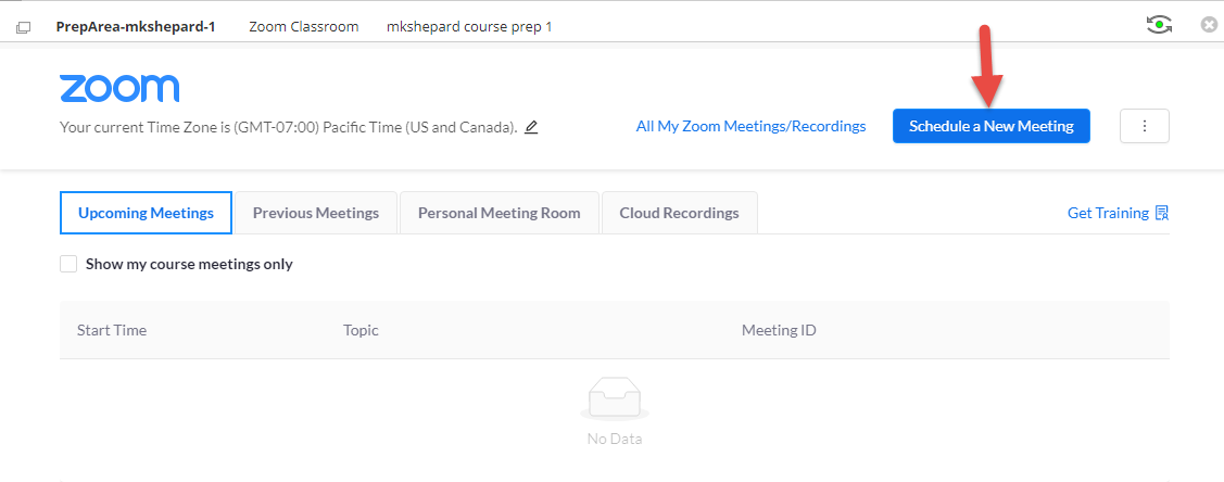 screenshot of Zoom interface with arrow pointing to Schedule a New Meeting 