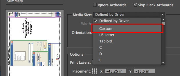 Escher select custom media size
