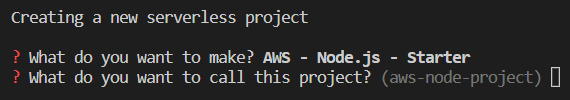 Terminal asking if user wants to create a new AWS NodeJS project or call a project.