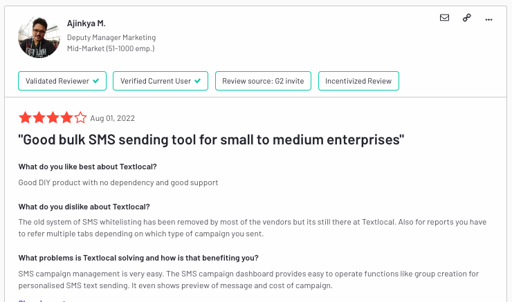 SMS APIs in India | Textlocal product customer review