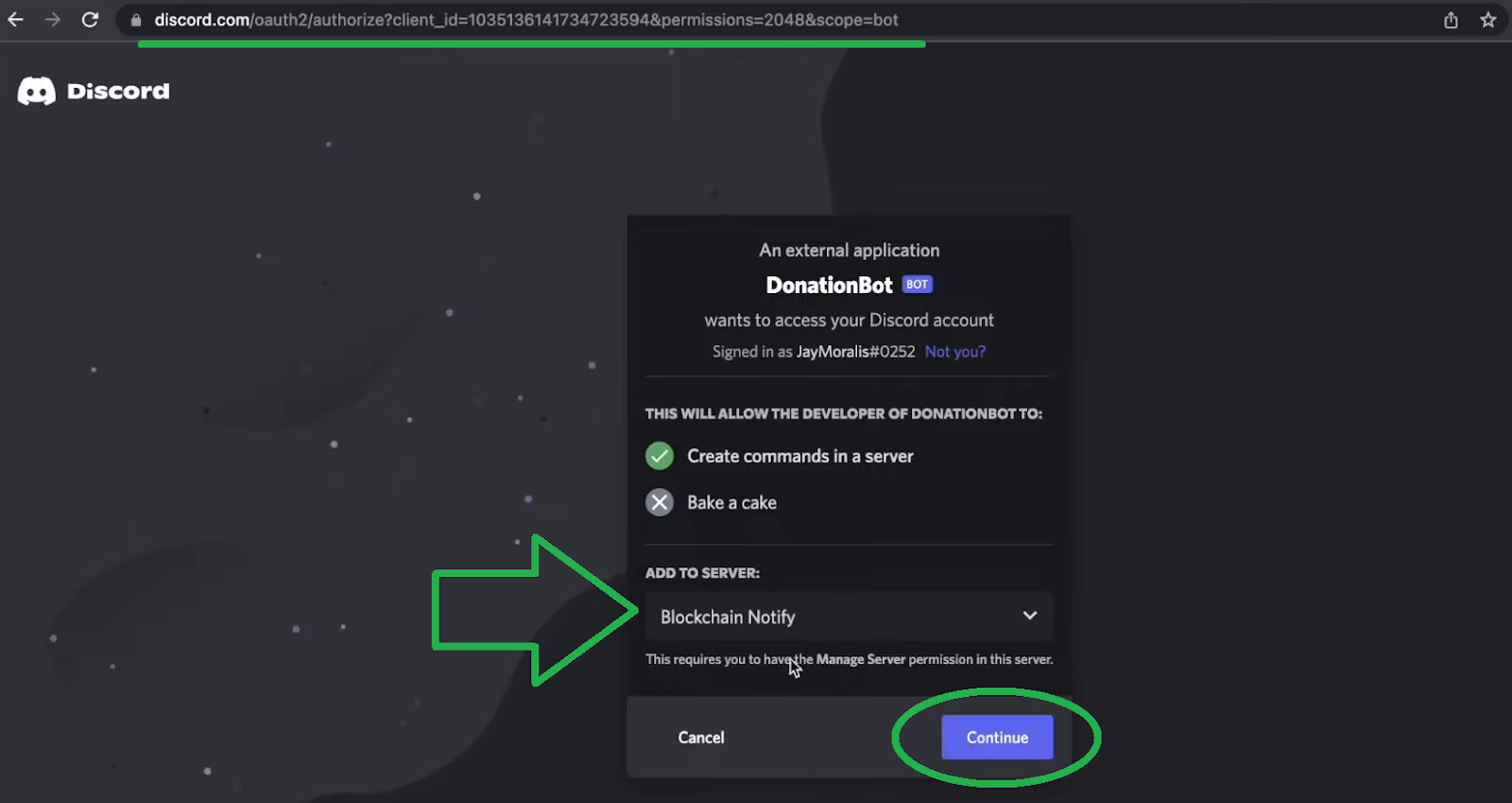Discord.com page showing the prompt box asking if user wants to add a blockchain Discord bot.