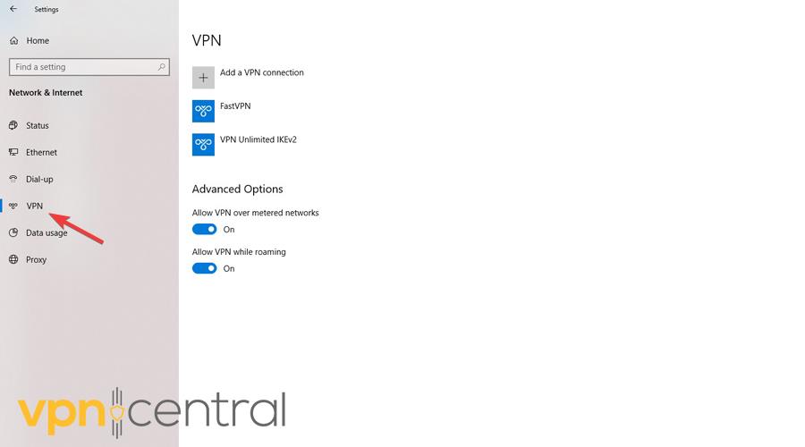 VPN settings in Windows