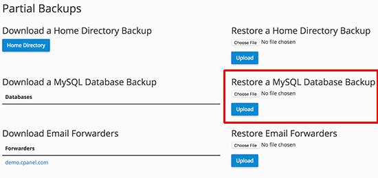 Restaurar banco de dados usando cPanel