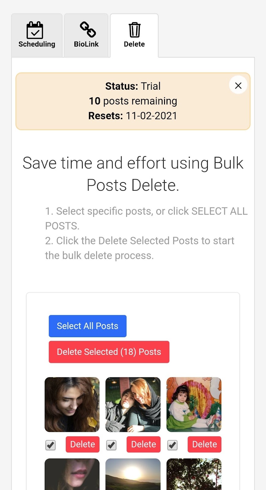select the posts you want to delete and tap on red button