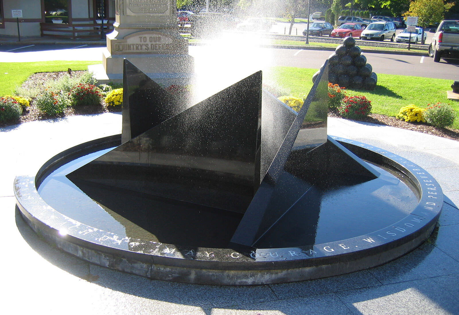 The Veteran's Memorial Fountain in Laconia, New Hampshire features Cambrian Black granite and was installed by Belknap Landscaping