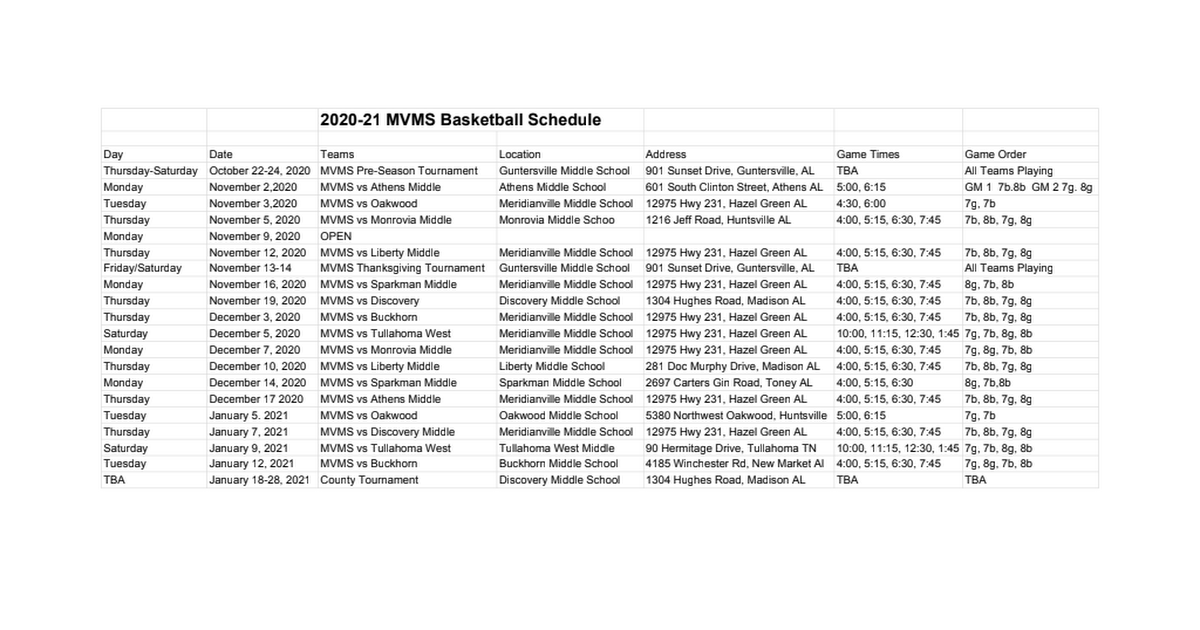 2020-2021 Basketball Schedule
