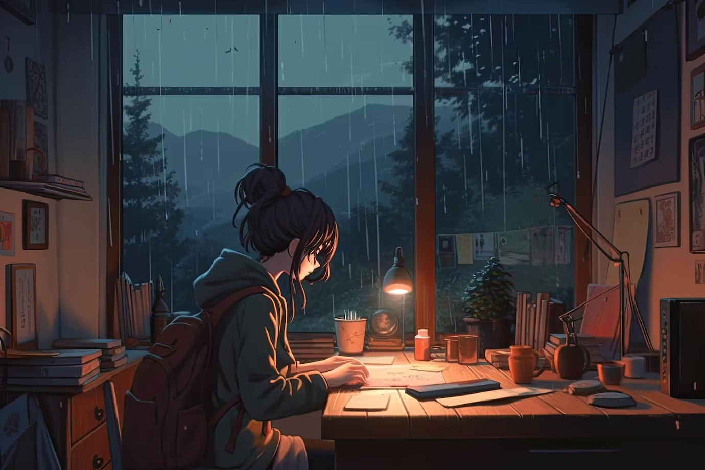 Girl studying in the rain at night.