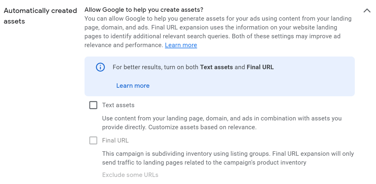 Google PMax campaign settings: automatically created assets 