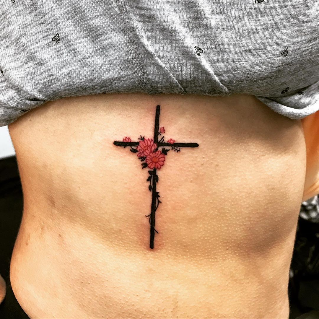 Red Flower and Cross Rib Tattoo