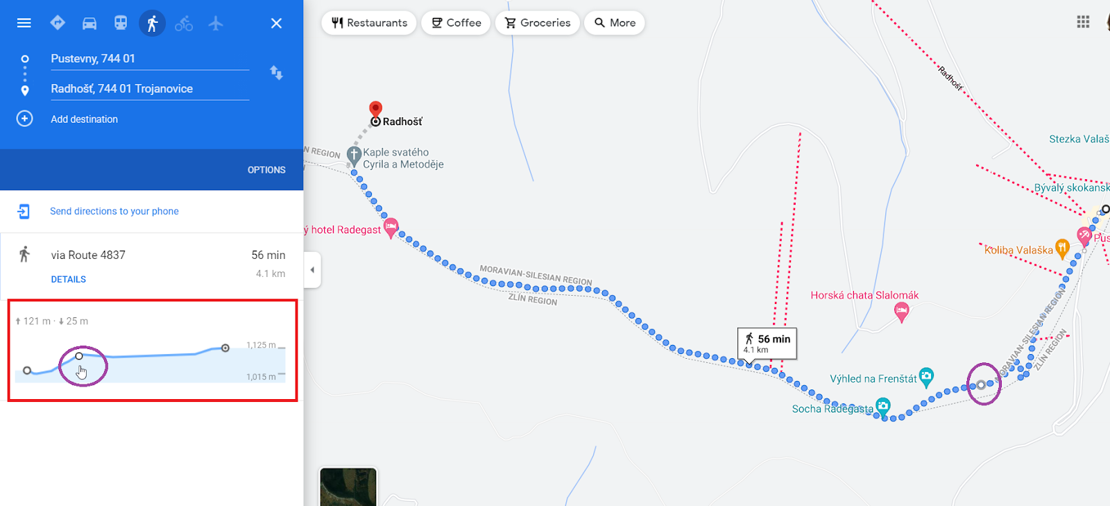 Výškový profil cesty na google maps