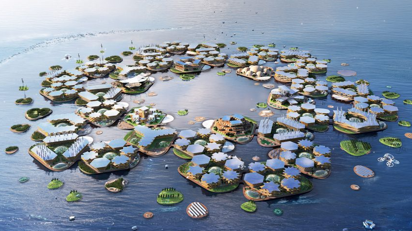 Oceanix City, a concept sustainable floating settlement that perfectly illustrate the solarpunk mouvement and solarpunk ethos