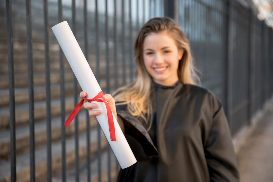 girl in graduation form holding her certificate