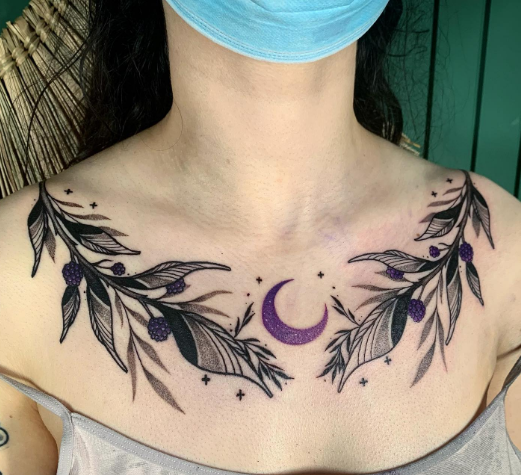 Leaves And Moon Chest Tattoo