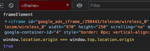 Screenshot of Chrome developer tools, showing an ad iframe that is not sandboxed