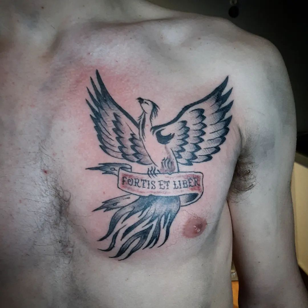 Phoenix With Fortis Et Liber Tattoo