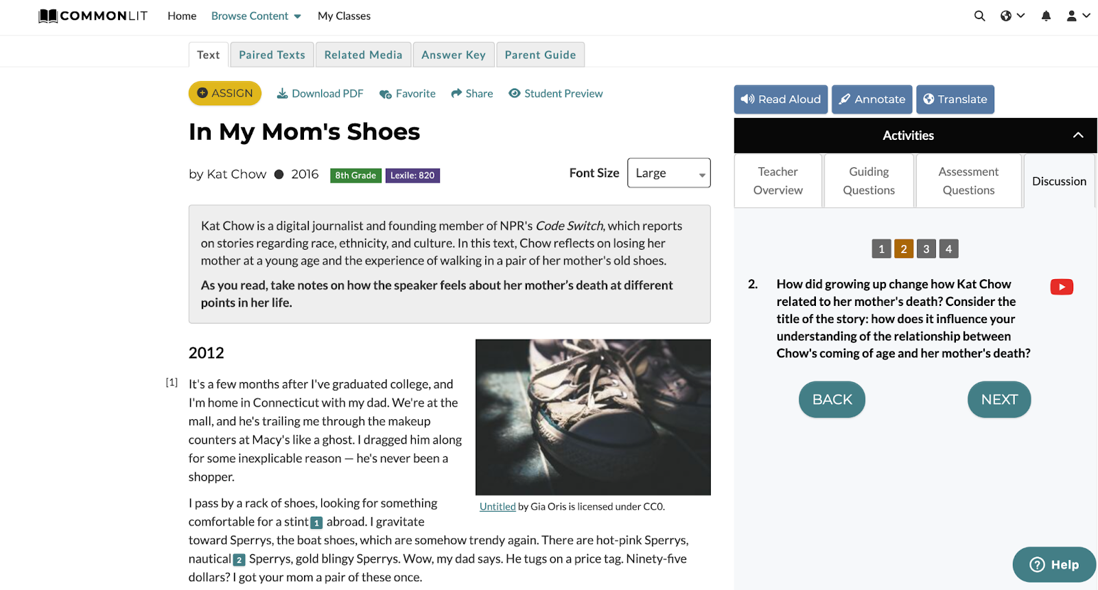 “In My Mom’s Shoes” by Kat Chow lesson with discussion question 2 highlighted in the Activities bar.