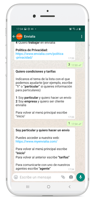 condiciones y tarifas de envialia en conversación de WhatsApp