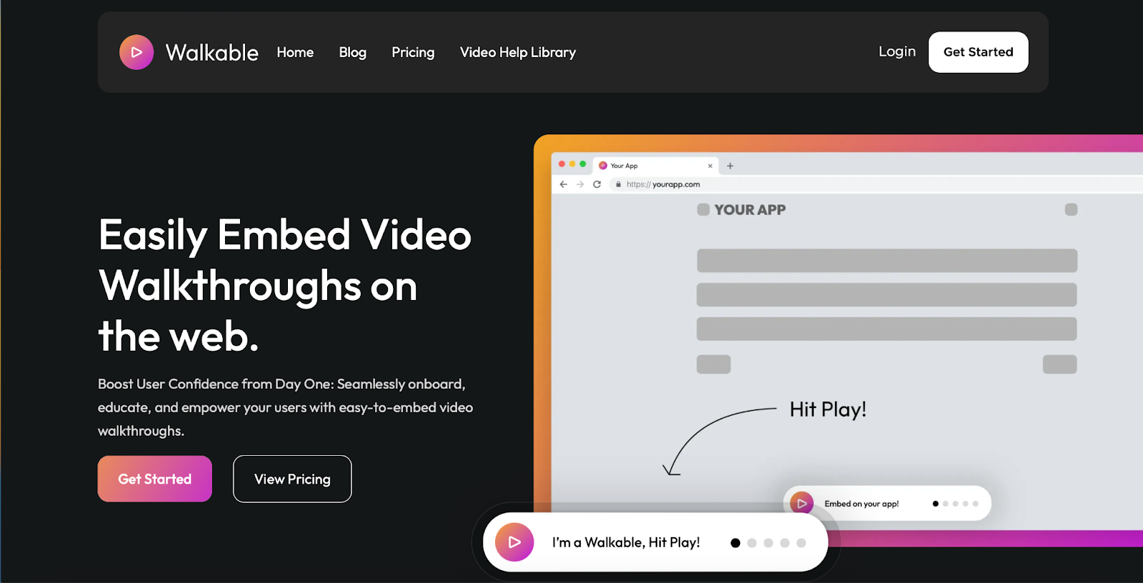 The homepage of Walkable that states that you can 'easily embed video walkthrough on the web'. 