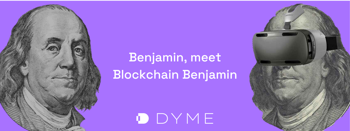 blockchain themed banner with benjamin franklin