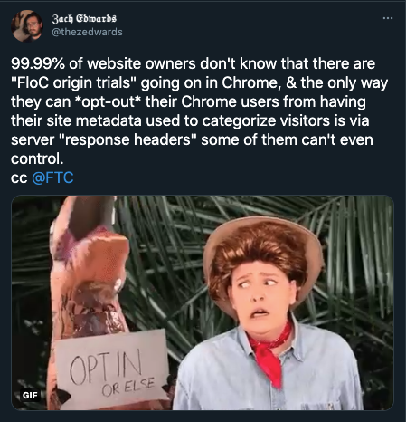 Screenshot of Tweet by researcher Zach Edwards, showing that most websites have not opt-ed out of FLoC via HTTP response headers