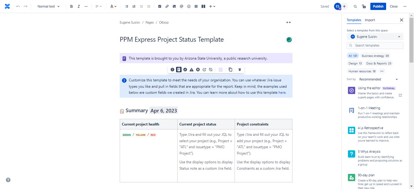 Confluence template of project status report interface