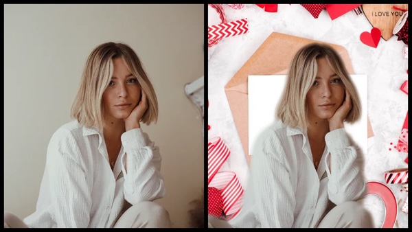 antes e depois da foto de uma mulher branca sendo que uma foi editada com a ferramenta Filtro do AirBrush