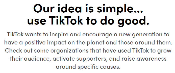 Captura de tela do site em inglês do TikTok com a mensagem "nossa ideia é simples, use o TikTok para o bem"