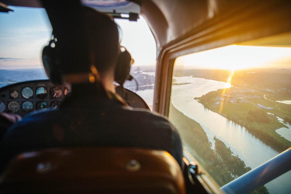 view of helicopter cockpit on top of river