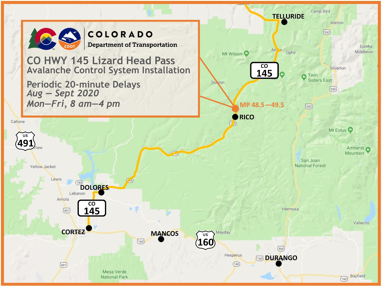 Map of CO 145 Lizard Head Pass, showing construction area about 1 mile north of Rico (mile points 48.5 - 49.5)