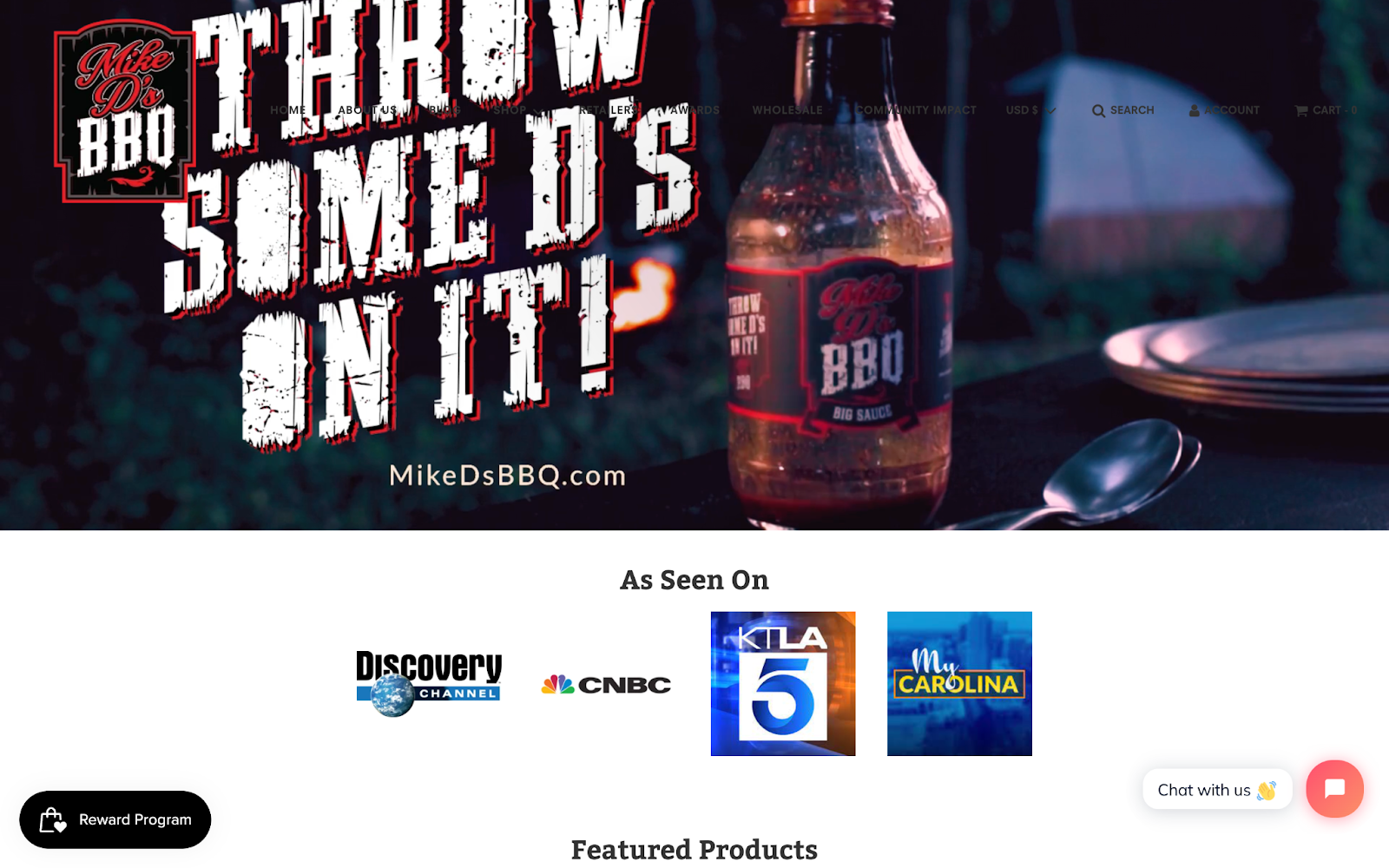 Support Black-owned businesses–A screenshot of Mike D’s BBQ’s homepage showing a bottle of their BBQ sauce that reads “Throw Some D’s On It! MikeDsBBQ.com”.