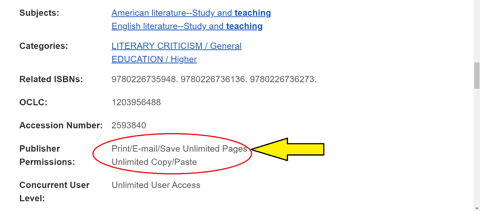 Screenshot of an item record page in EBSCOhost. Publisher Permissions allows for unlimited print, email, save, copy, and paste. (Users can download pages to document readers)