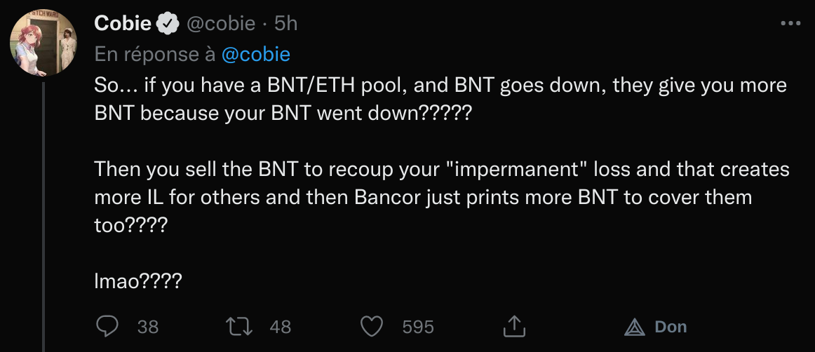 Tweet sur Bancor publié par Cobie.