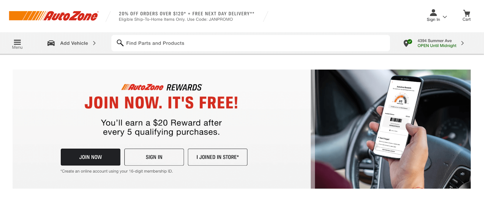 AutoZone Rewards Case Study–A screenshot from the AutoZone Rewards program explainer page of their call-to-action to join the program. In bold, red letters it says, “Join Now. It’s Free.” Underneath in black letters it says, “You’ll earn a $20 Reward after every 5 qualifiying purchases.” Below are three CTA buttons. They say: ‘Join Now’, ‘Sign In’, and ‘I Joined in Store’. Beside this text is an image of a person holding their phone in front of a car steering wheel with the AutoZone app open.