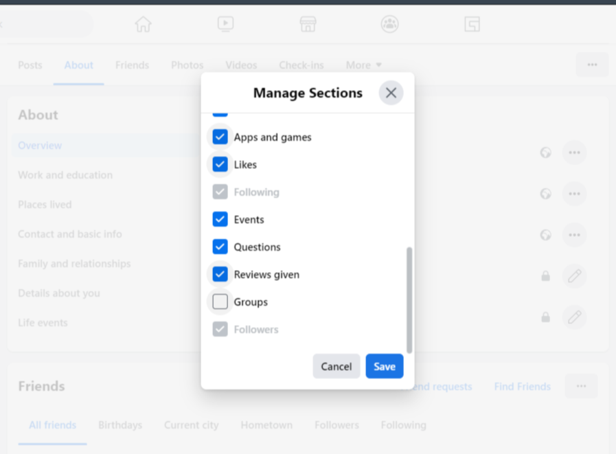 Manage Facebook group sections