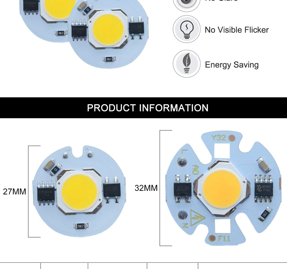 COB LED Chip 3W 5W 7W 9W 220V 110V Cold Warm White Y27 Y32 Flood