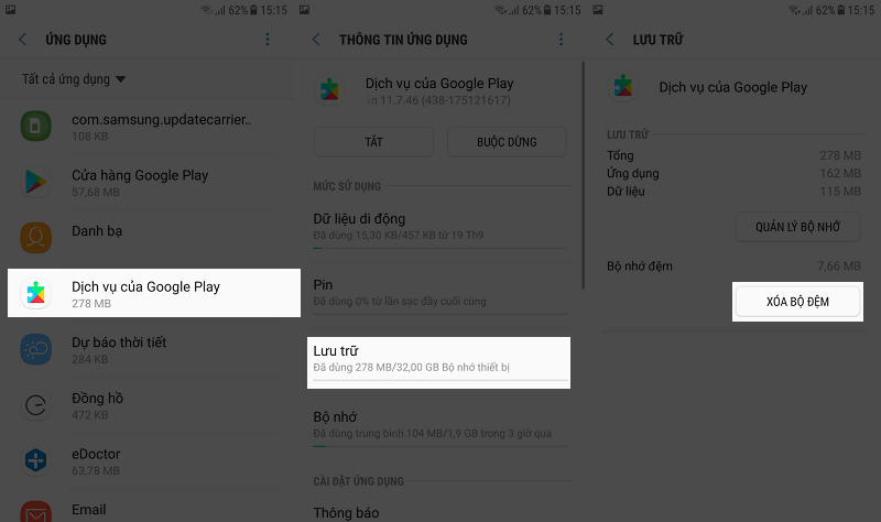 Xóa bộ nhớ đệm dịch vụ Google Play