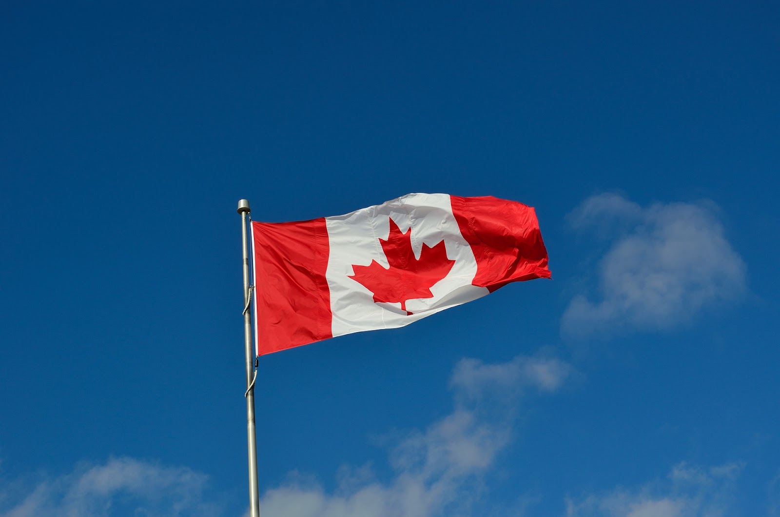 Canadian flag against blue sky backdrop with clouds