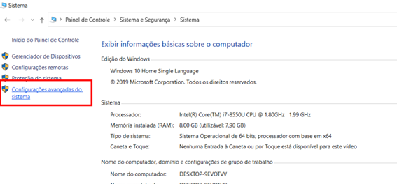 Opção "Configurações avançadas do sistema"