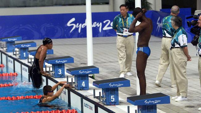 Eric Moussambi getting ready to swim alone