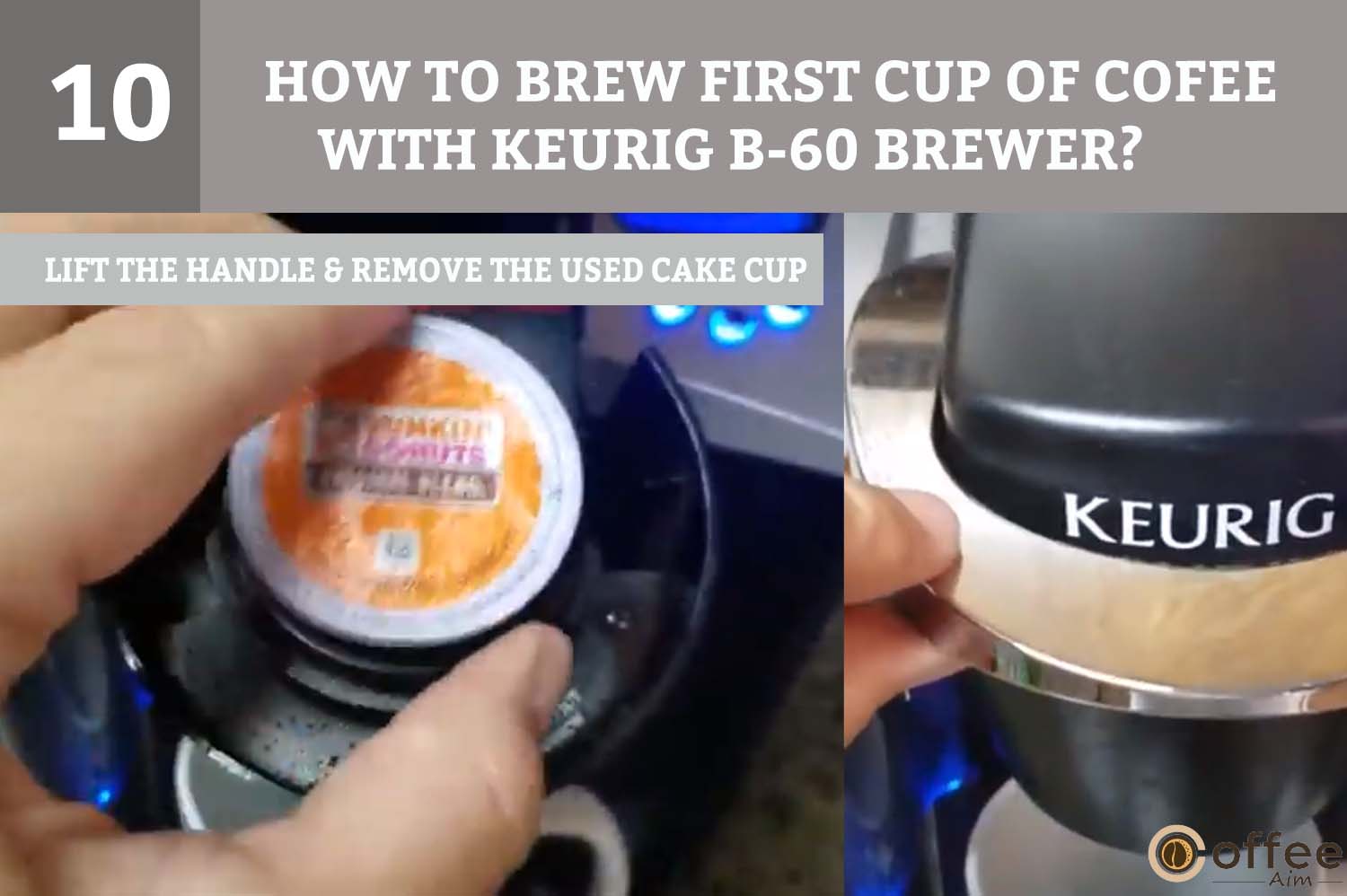 Lift the handle, take out the used K-cup, and dispose of it properly. Be careful, as the K-cup may still be hot.