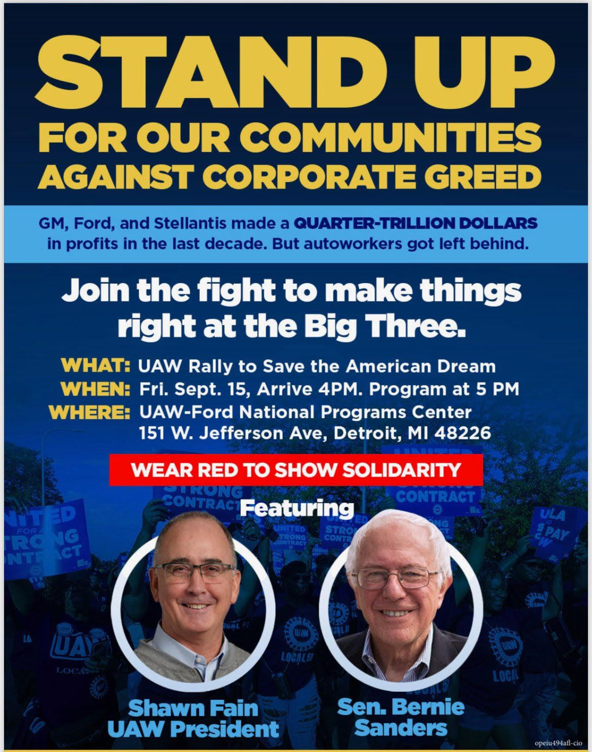 Flier for rally: Stand up fror our communities against corporate greed. Friday Sept 15, Arrive 4pm, program at 5pm at 151 W Jefferson AVe, Detroit MI 48226. Wear red to show solidarity!