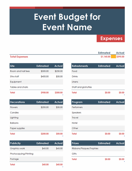 Microsoft Excel Event Budget Expenses Template