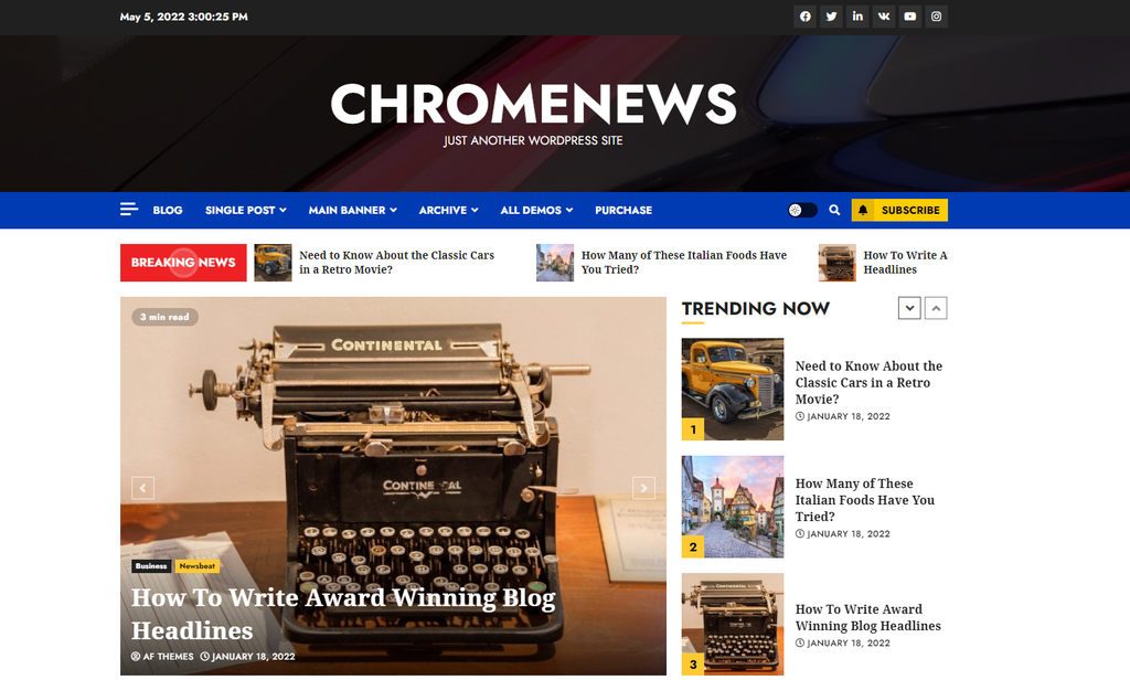 Exemplo de site com o tema ChromeNews do WordPress 