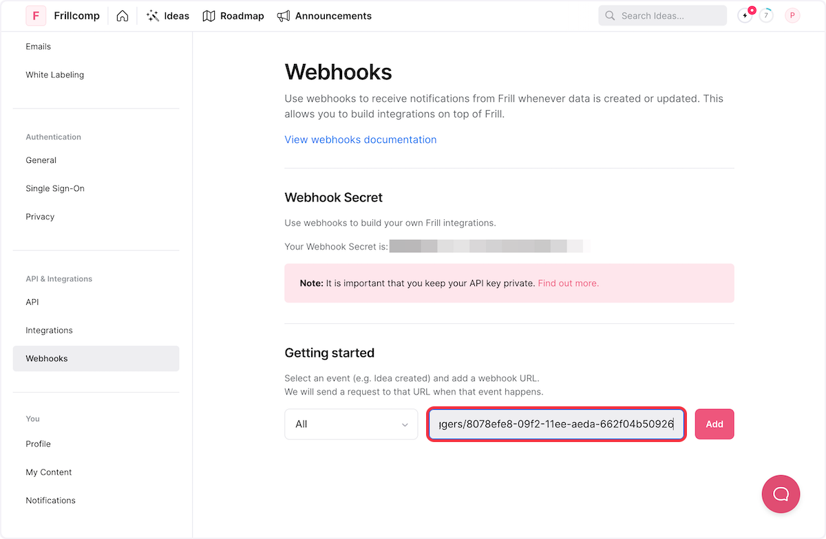 Copy the webhook URL & paste it under the Webhook URL field.