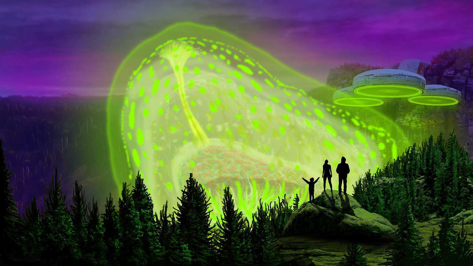 A giant alien flourescent blob meets a family in a forest
