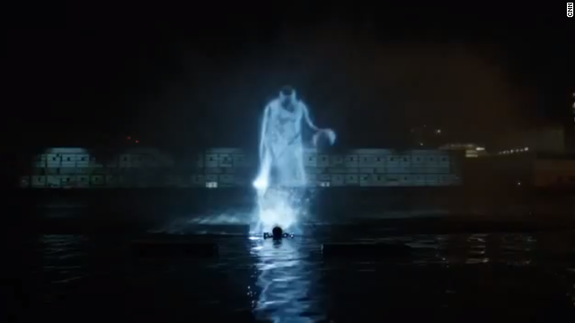 Using hydrotechnics and mist-based holographic projections, a 40-foot hologram of Carmelo Anthony was created in the Hudson River.