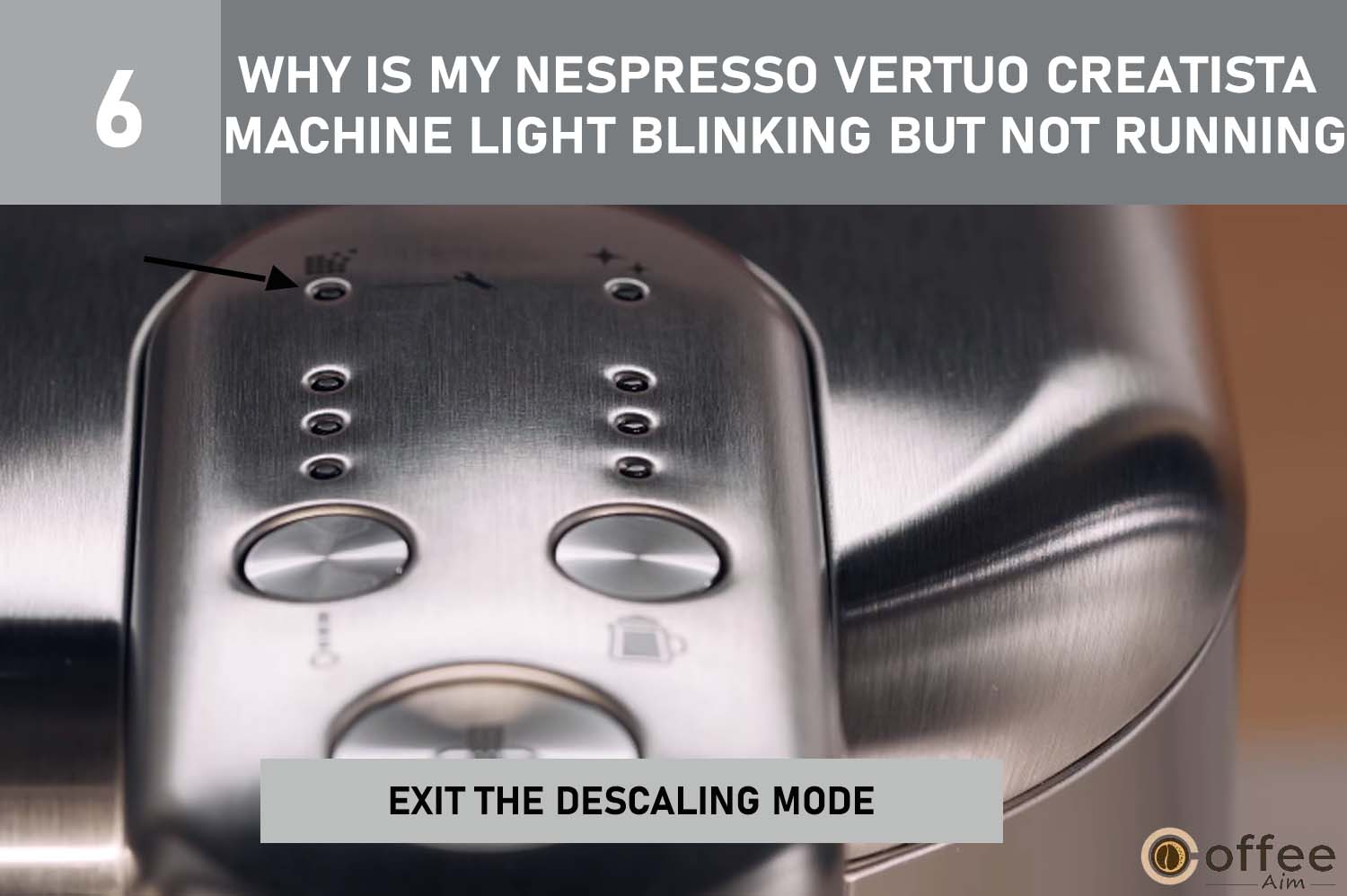 To exit descaling mode on Nespresso Vertuo Creatista, follow steps in the image for the article "Fixing Nespresso Vertuo Creatista Issues."