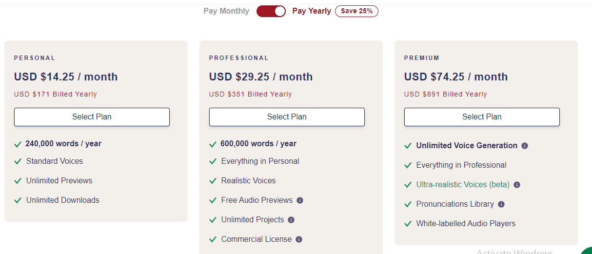 Pricing plan for play.ht that save 25% amount on yearly packages.