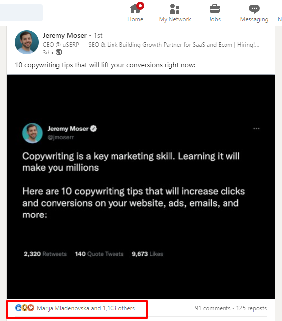 LinkedIn post by Jeremy.